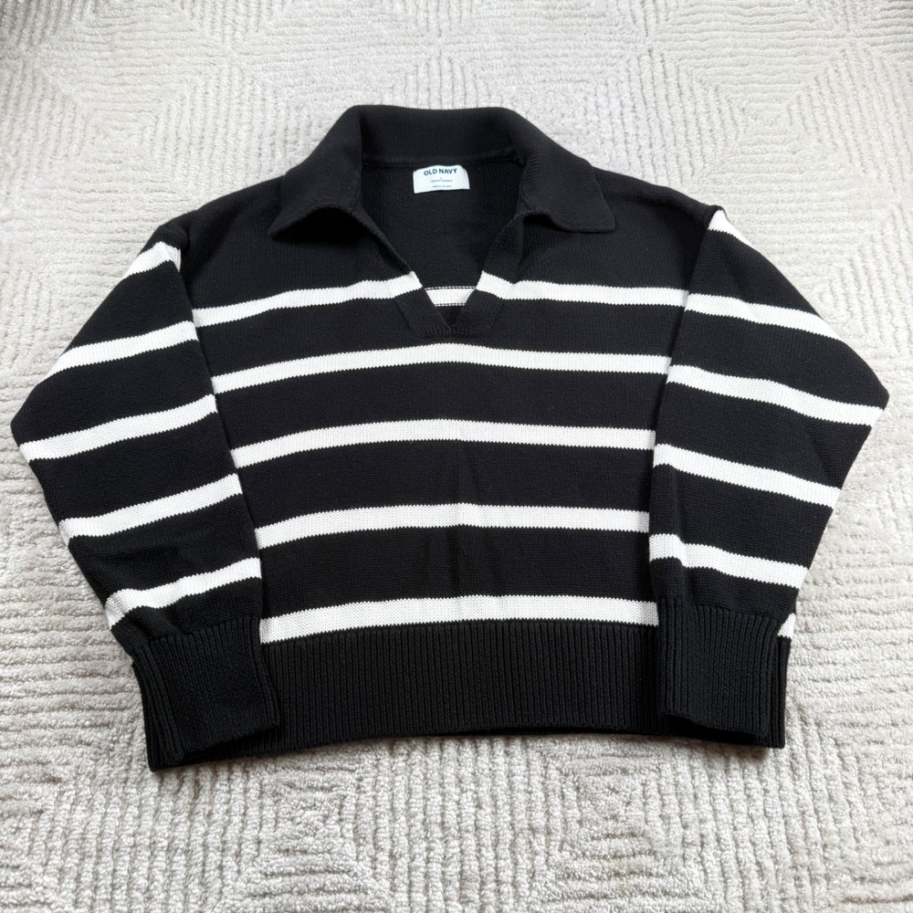 Old Navy Polo Sweater Womens L Black Striped V Preppy Academia Quiet Luxury